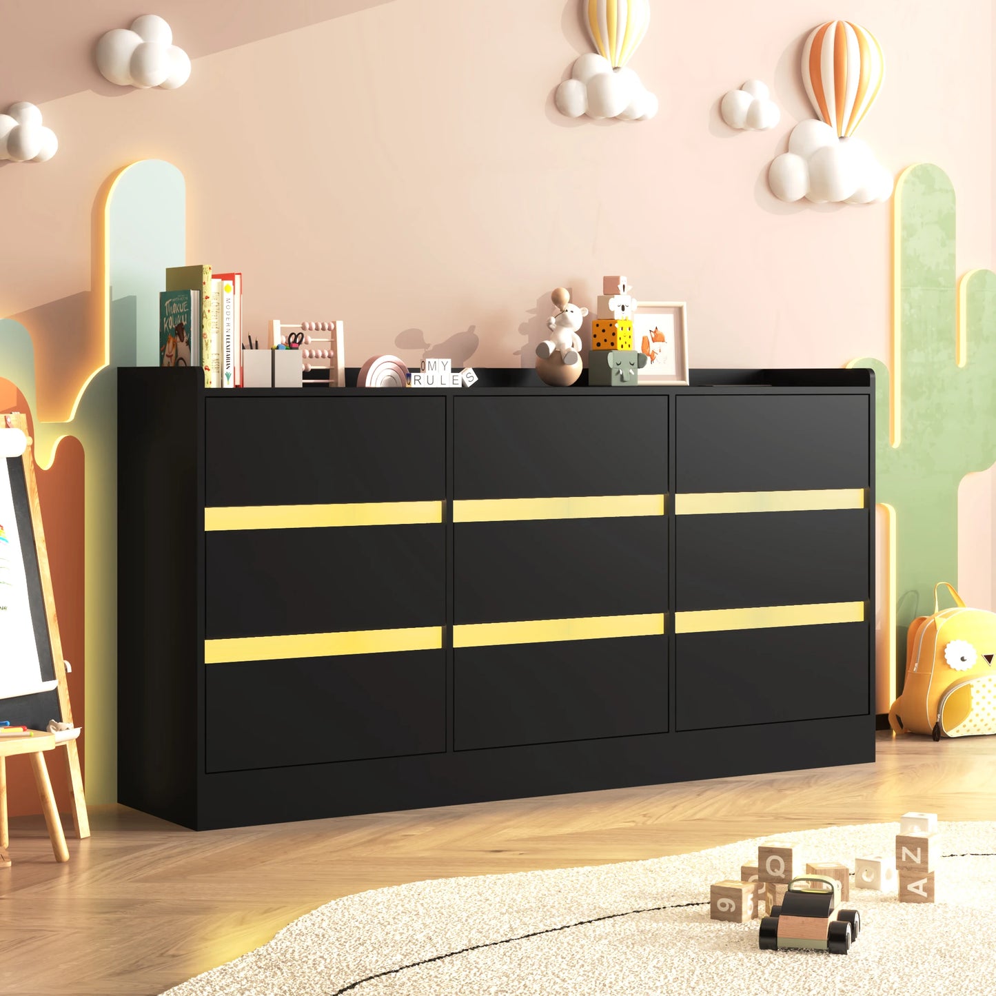 9 Drawer Dresser with Power Outlet & LED Light, Modern Chest of Drawers for Closet, 63" Drawer Organizer Cabinet for Bedroom - Uknowucme