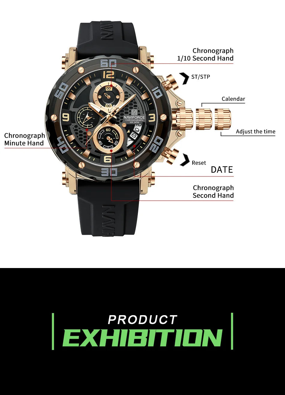 NAVIFORCE Men's Quartz Watch Fashion Trend 5ATM Waterproof Male Watches Chronograph Luminous Hands Silicone Strap Lightweight - Uknowucme