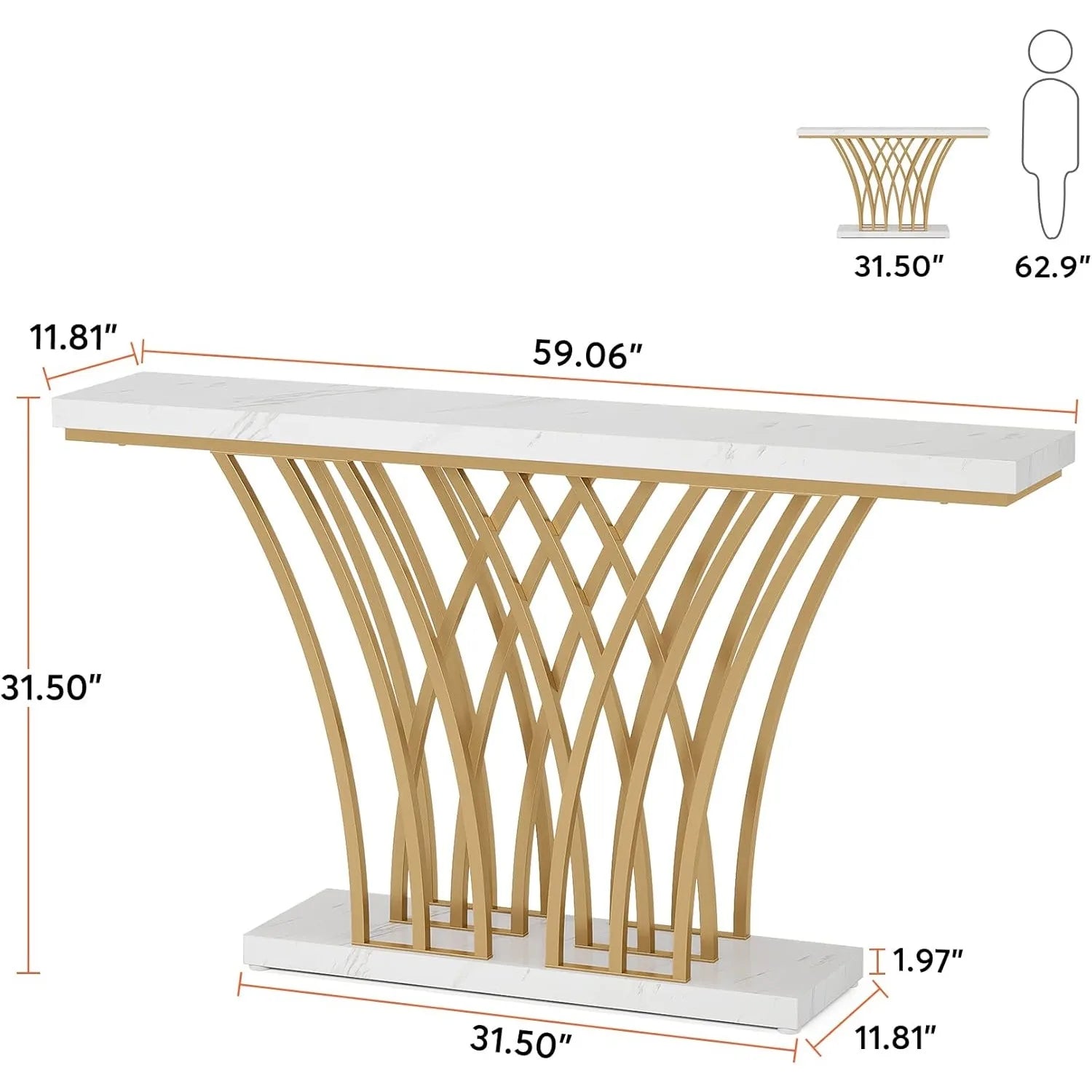 59 inch Gold Console Table, Modern Entryway Table with Grid-Shaped Metal Base for Entrance, Hallway, Entryway, Living Room - Uknowucme