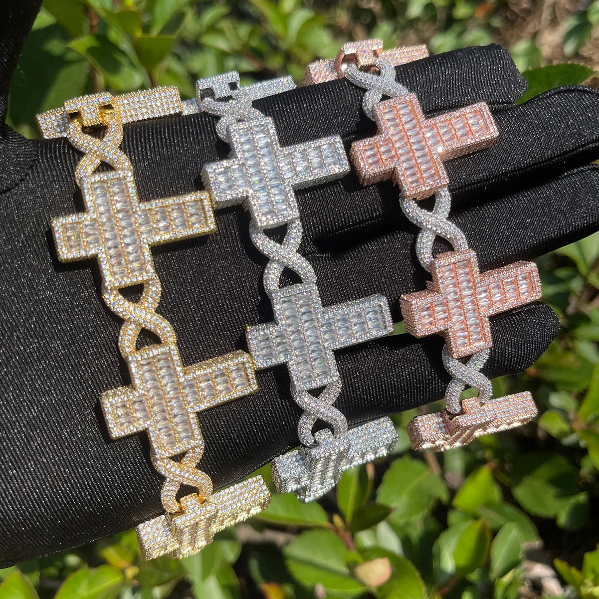 Bubble Letter Iced Out Infinity Link Bracelet for Men Baguette Cross Real Gold Plated Cubic Zirconia Hip Hop Jewelry - Uknowucme