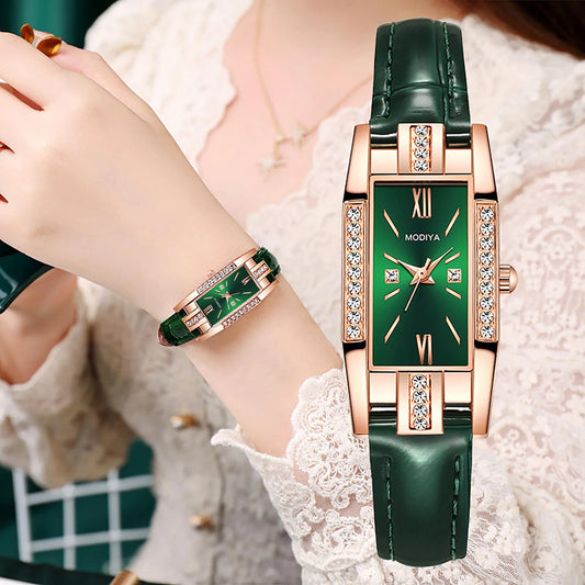 Womens Watches Fashion Square Ladies Quartz Watch Bracelet Set Green Dial Simple Leather Luxury Women Watches