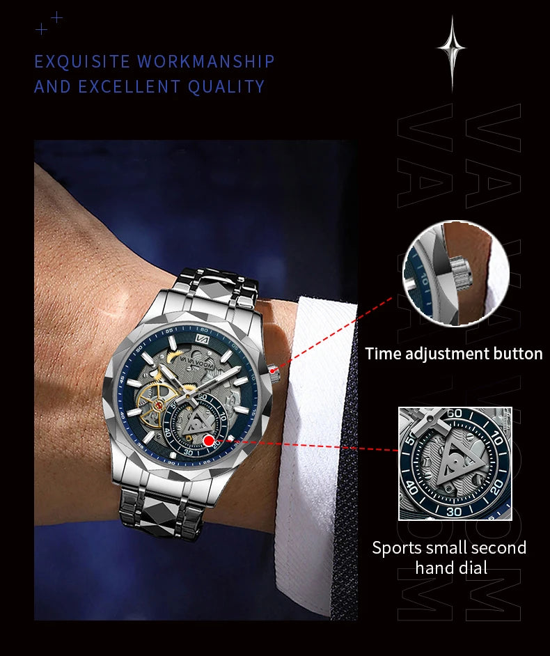 VA VA VOOM Stainless Steel Mens Quartz Watch With 41mm Hollowed Out Dial Quartz Movement Luminous Gold Luxurious Men Wristwatch - Uknowucme