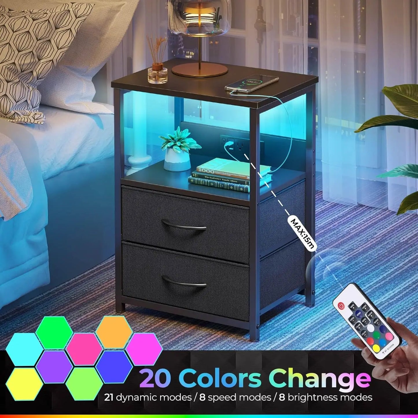 Nightstand with Charging Station, Bedside Table with LED Lights, Night Stand , 3-Tier Storage End Table for Bedroom, Black - Uknowucme