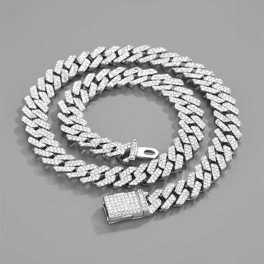 Hip Hop Shiny 15MM Cuban Link Chain Necklace Women Men Silver Color Rhinestone Iced Out Cuban Chain Punk Jewelry Necklace Gift - Uknowucme