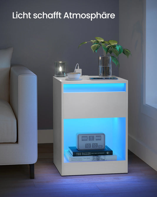 VASAGLE bedside table with adjustable LED lighting, side table table with sockets, drawer, 2 AC sockets, 2 USB ports - Uknowucme
