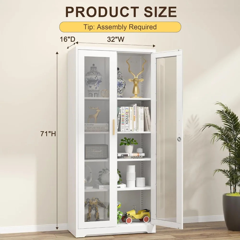 Glass Display Cabinet with Doors - White Metal Curio Cabinet with Lock Collectibles Storage Cabinet - Uknowucme