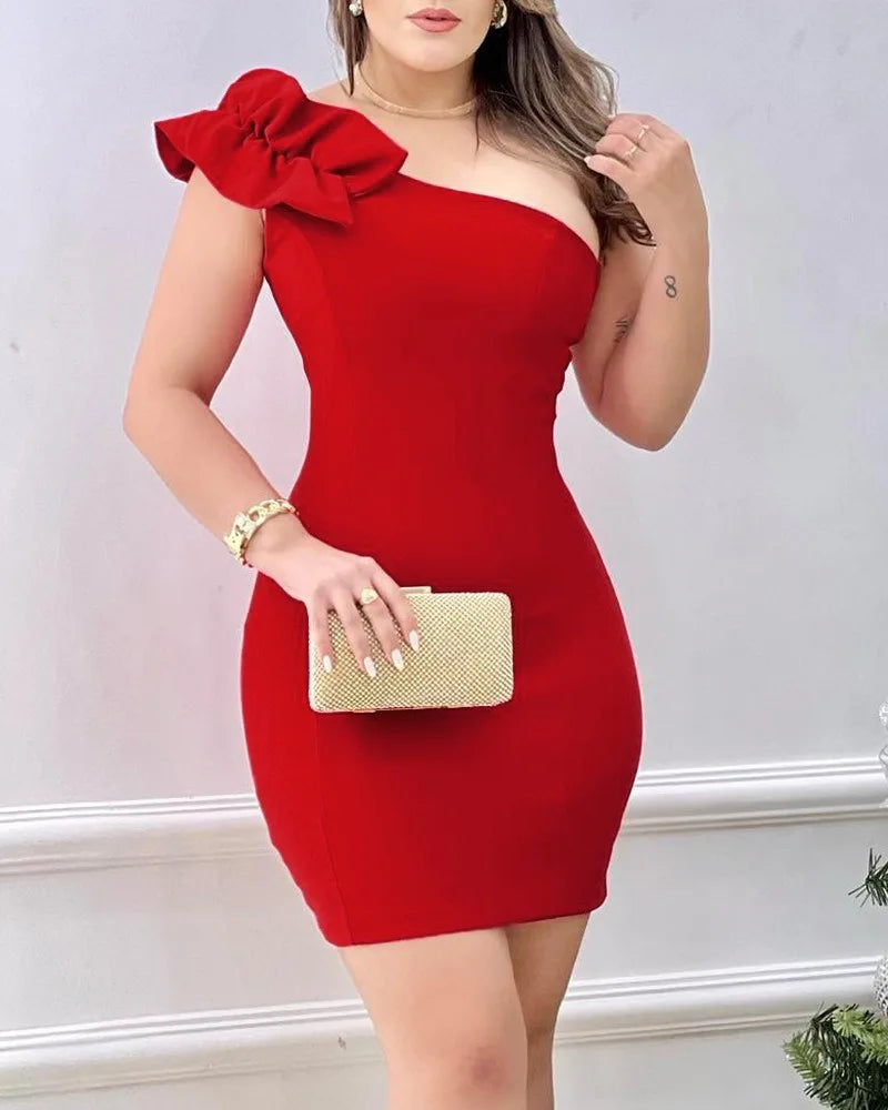 Summer Fashion Red Appliques Women Mini Party Dress Bodycon Elegant Ruffle Sexy One Shoulder Birthday Evening Club Outfits - Uknowucme
