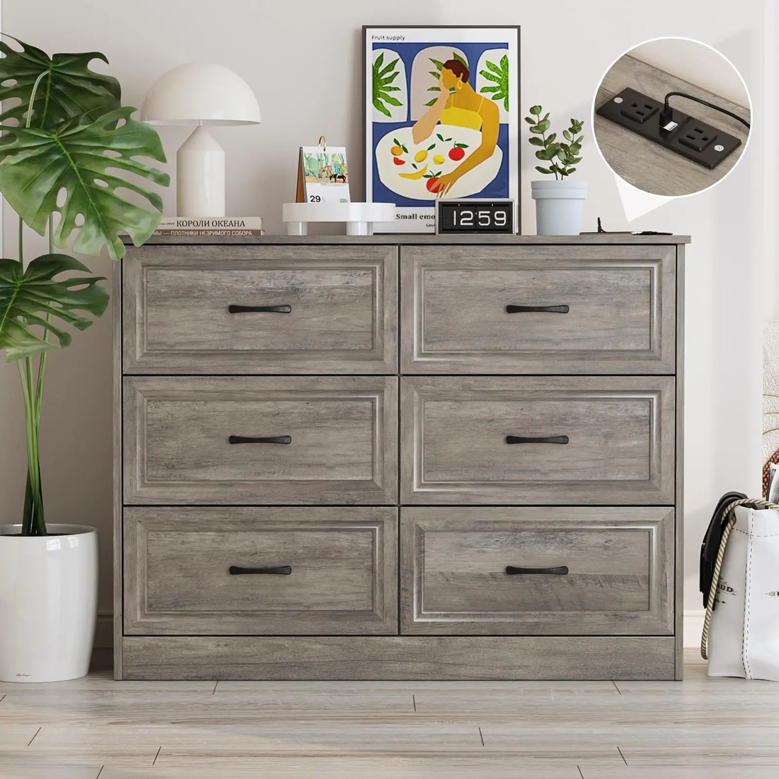 Vabches 6 Drawer Dresser for Bedroom Wood Chest of Drawers with Power Strip Tall Dresser Organizer with Metal Handle for Hallway - Uknowucme