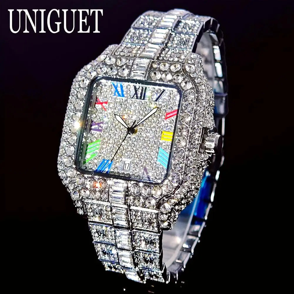 UNIGUET Luxury Iced Quartz Watch for Men Fashion Color Roman Square Watches Man Hip Hop Diamond AAA Jewelry Wristwatch Reloj Hot - Uknowucme