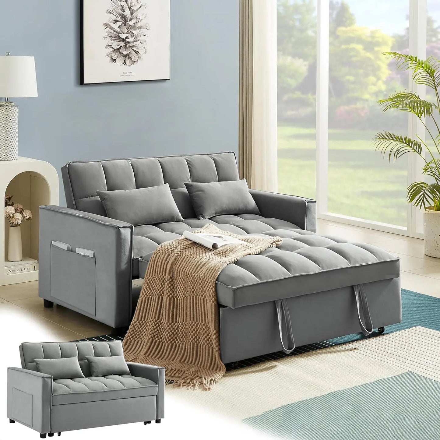 3 in 1 Pull Out Convertible Sofa Bed-Velvet Sleeper Sofa with 3Level Adjustable Backrest,Tufted Love Seat w/ 2Pockets ＆ 2Pillows - Uknowucme