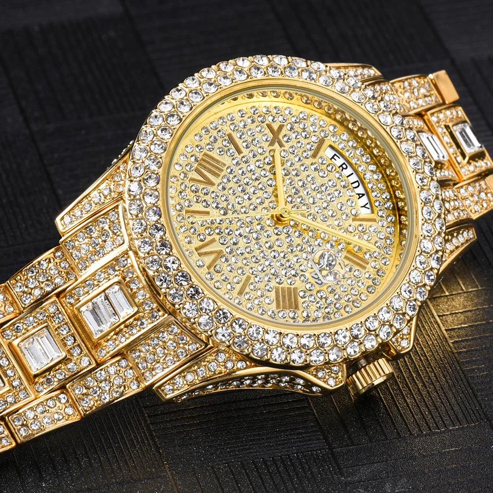 Bubble Letter DAY DATE ROMAN NUMERALS VVS Man ICED OUT WATCH Relogio Masculio - Uknowucme