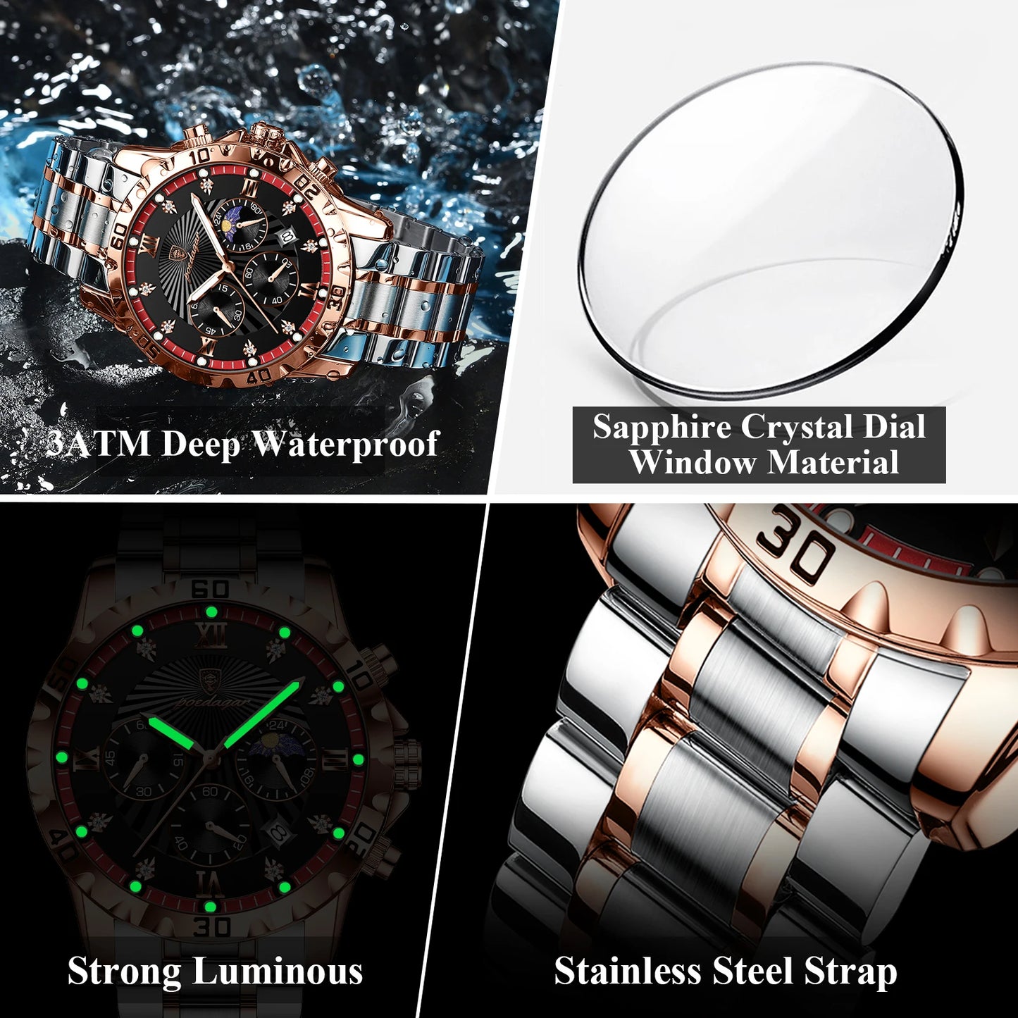POEDAGAR Top Fashion Watches For Men Chronograph Date Stainless Steel Man Watch Waterproof Luminous Luxury Quartz Men Wristwatch - Uknowucme