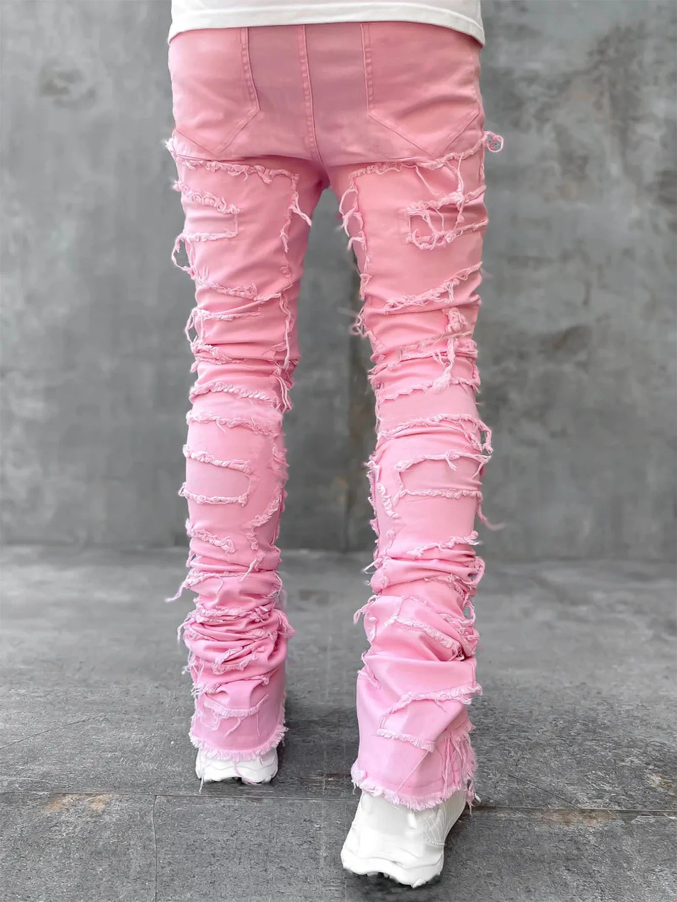 Spliced Distressed Denim Pants Men Jeans Ripped Mid Waist Pockets High Street Jean Skinny Washed Ankle Length Pencil Pants - Uknowucme