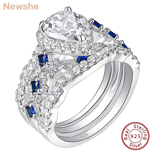 Newshe 3 Pcs Wedding Rings Set for Women Engagement Ring 925 Sterling Silver Water Drop Lab Sapphire White and Blue CZ Gemstone