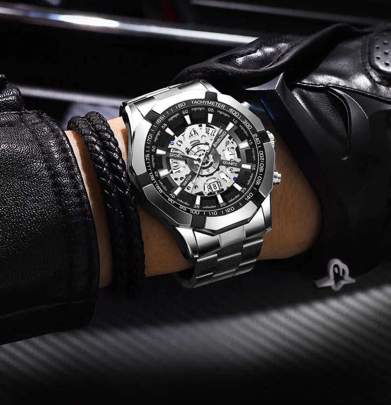 2025 Mens Quartz Watches Top Brand Luxury Stainless Steel Waterproof Hollow Out Blue Big Male Wristwatches Relogio Masculino - Uknowucme