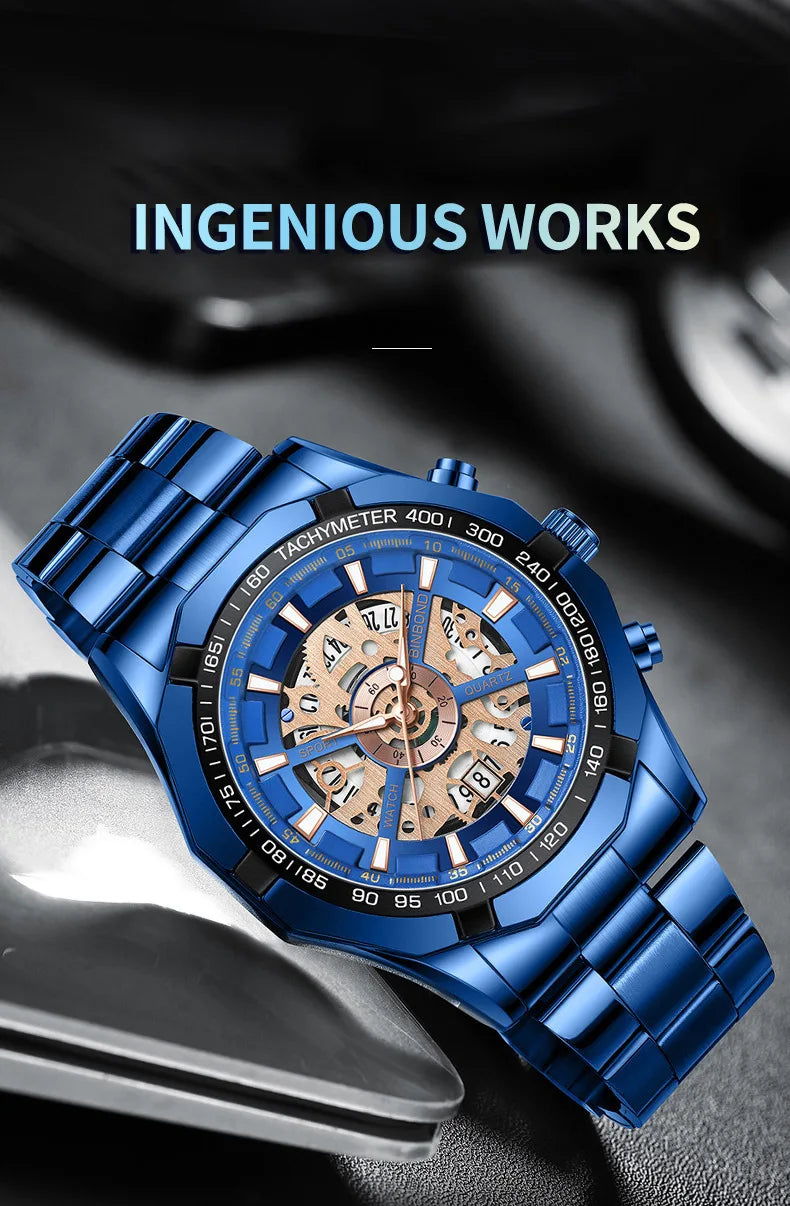 2025 Mens Quartz Watches Top Brand Luxury Stainless Steel Waterproof Hollow Out Blue Big Male Wristwatches Relogio Masculino - Uknowucme