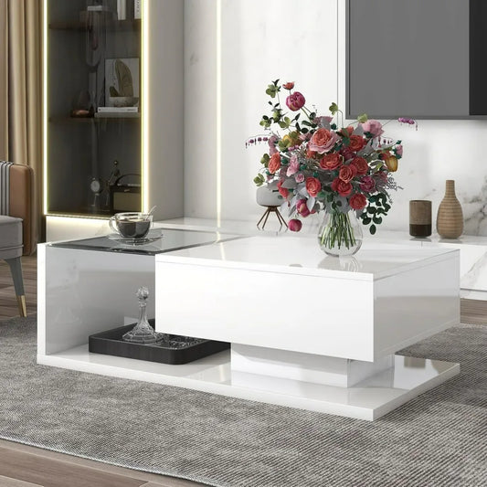 Coffee Table with Tempered Glass, Cocktail Table with High-Gloss UV Surface, Modernist 2-Tier Center Table for Living Room - Uknowucme