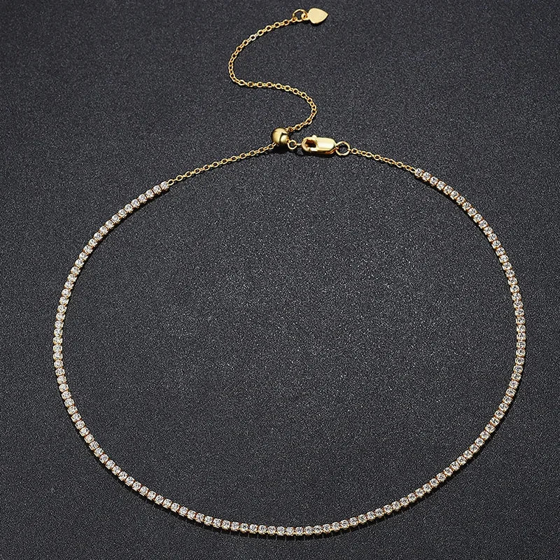 2mm Moissanite Tennis Necklace For Women S925 Silver Plated 18K Gold Sparking Rhinestone Choker Chain Wedding Jewelry Adjustable - Uknowucme