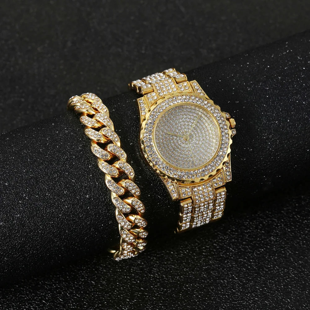 Watch + Bracelet for Women Cuban Chain Charm Iced Out Clock for Men Diamond Fashion Luxury Gold Wristwatch Jewelry Set Relojes