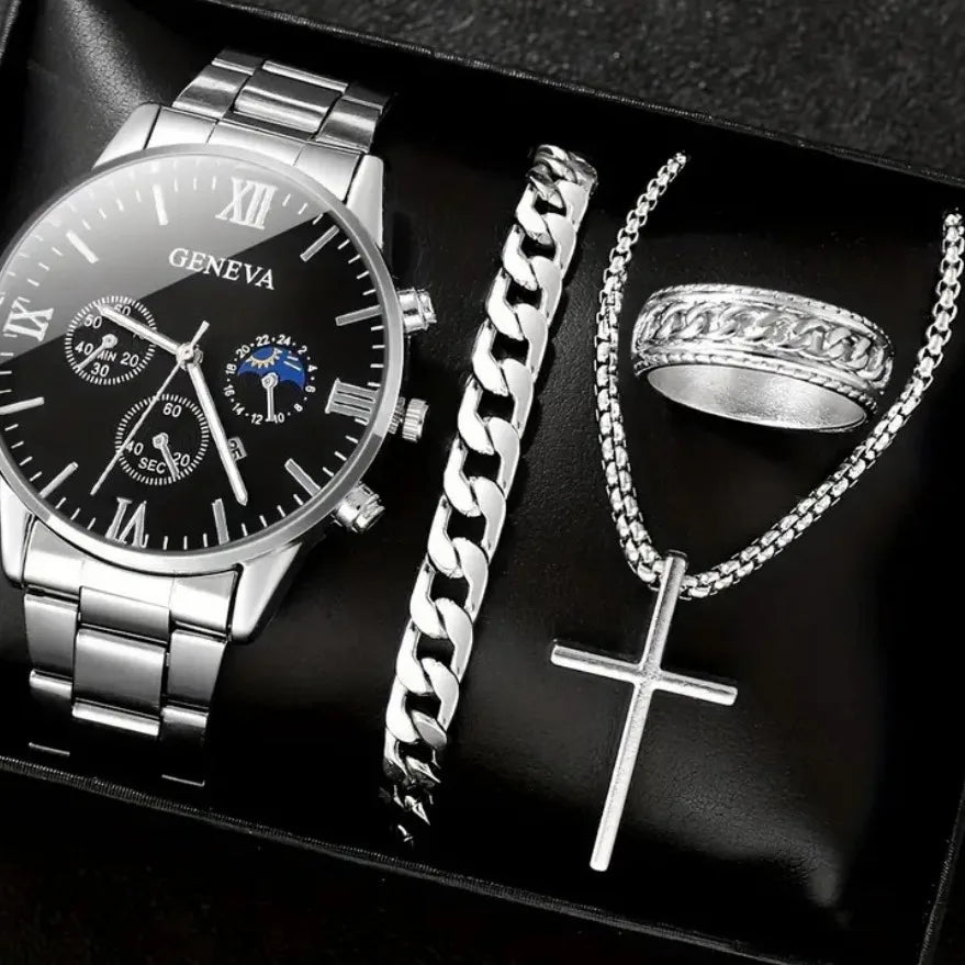 Fashion Roman Scale Quartz Wristwatch 4pcs Set Men Business Watch Fake Three Eyes Calendar Cross Necklace Bracelet Ring Set - Uknowucme
