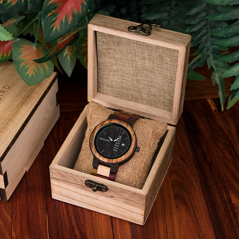 BOBO BIRD Couple Wooden Watch Luxury Brand Wood Timepieces Week Date Display Quartz Watches for Men Women Customized Family Gift - Uknowucme