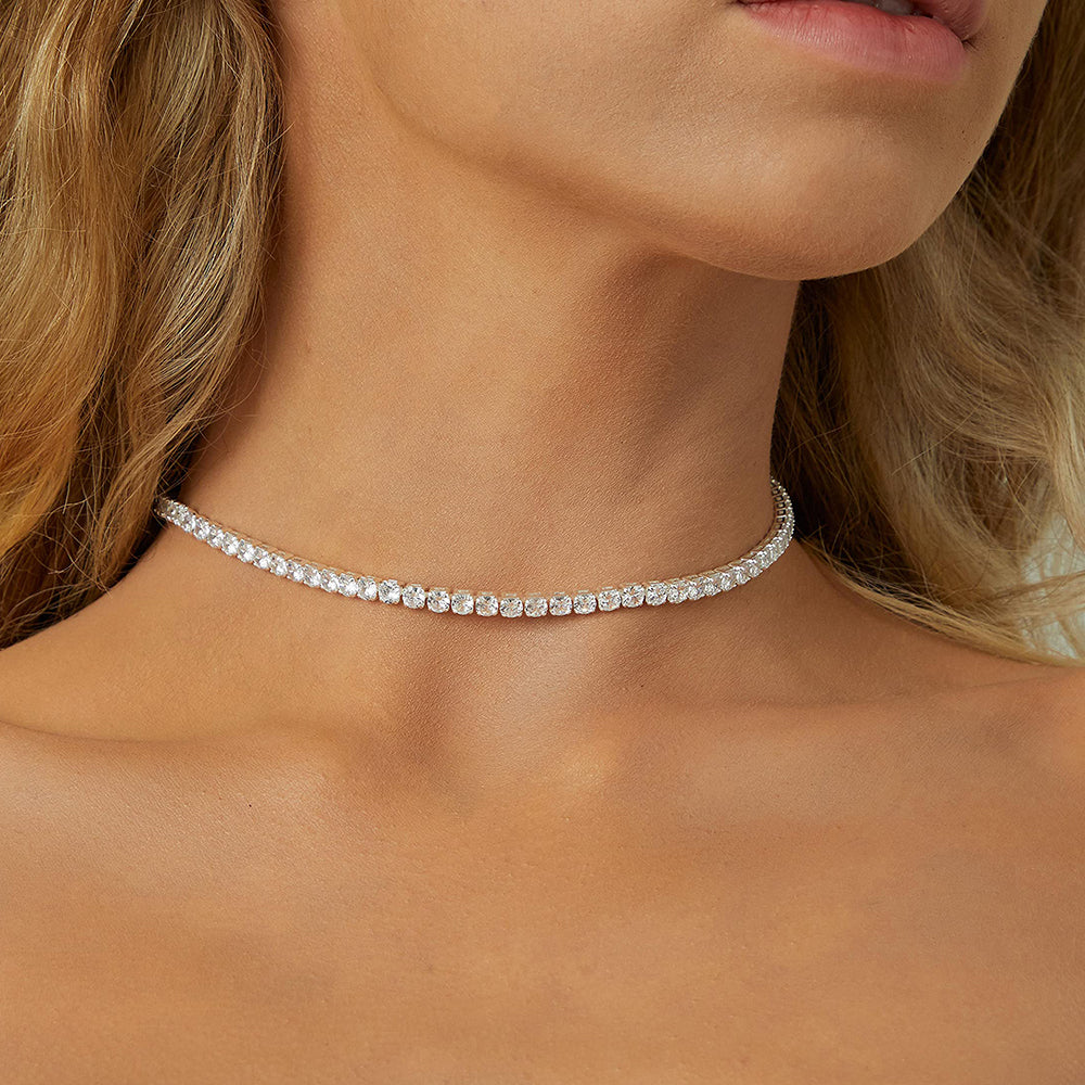 2mm Moissanite Tennis Necklace For Women S925 Silver Plated 18K Gold Sparking Rhinestone Choker Chain Wedding Jewelry Adjustable - Uknowucme