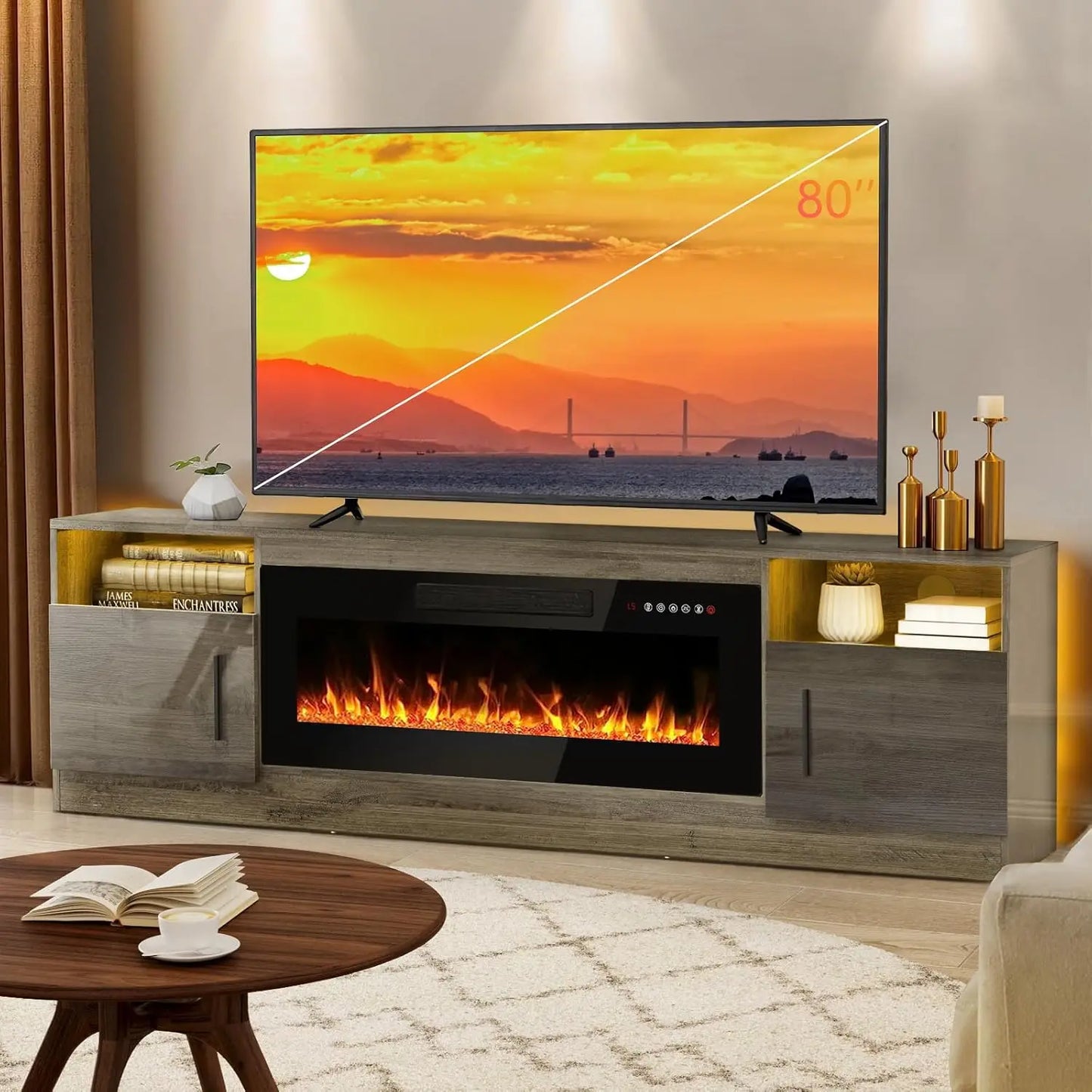 Fireplace tv Stand with 36 inch Fireplace Up to 80" TVs,LED Light Entertainment Center and Storage, 70" Modern Wood Media TV Con