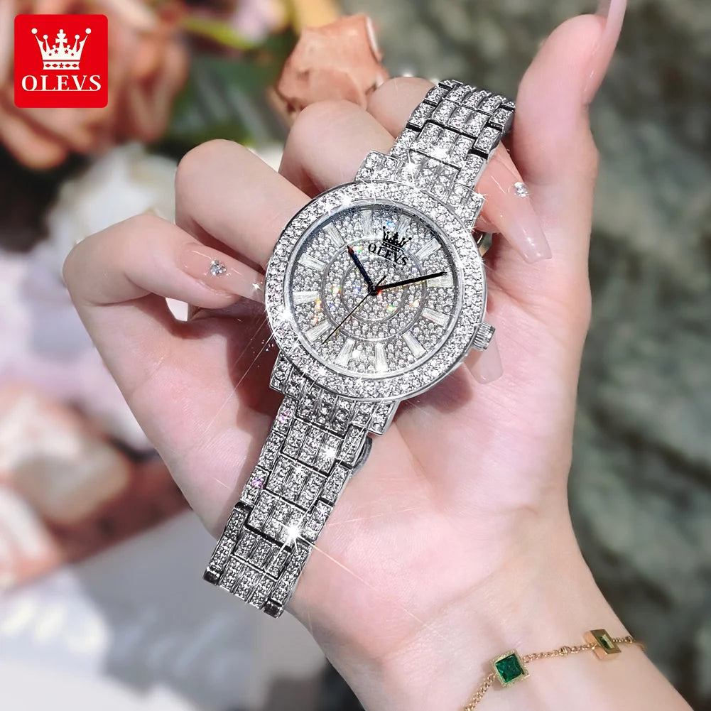 OLEVS Top Original Brand Women's Watches Elegant Luxury Full Diamond Quartz Watch for Lady's Waterproof Silver Female Wristwatch - Uknowucme
