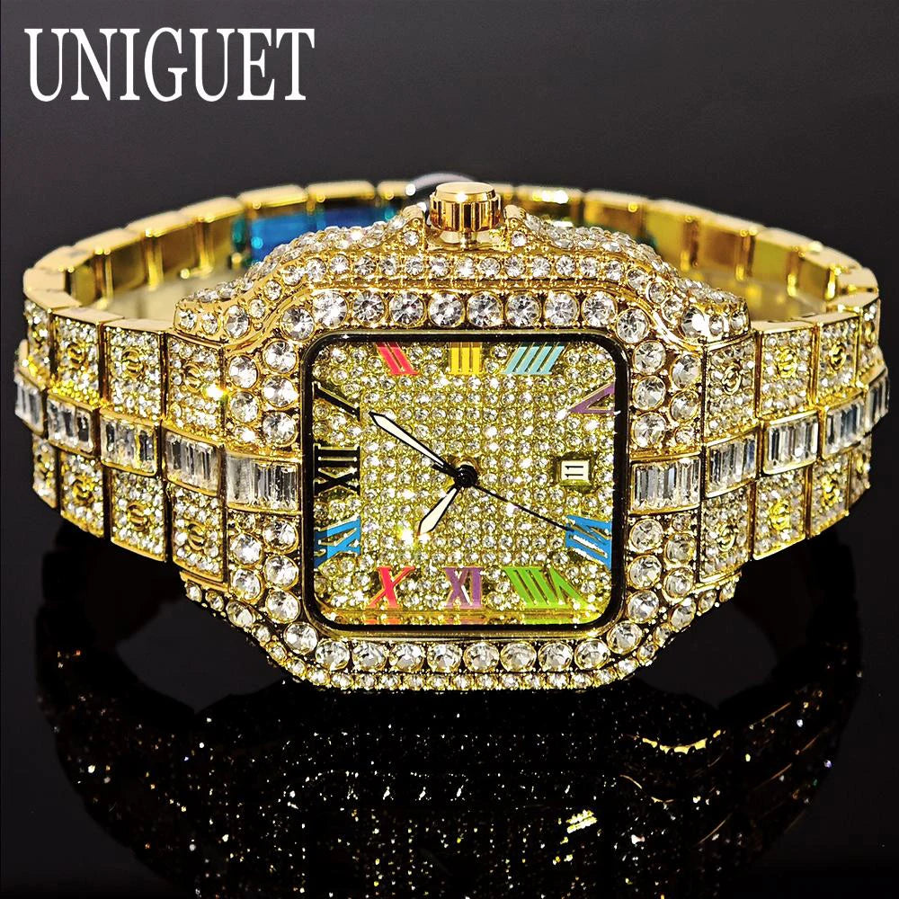 UNIGUET Luxury Iced Quartz Watch for Men Fashion Color Roman Square Watches Man Hip Hop Diamond AAA Jewelry Wristwatch Reloj Hot - Uknowucme