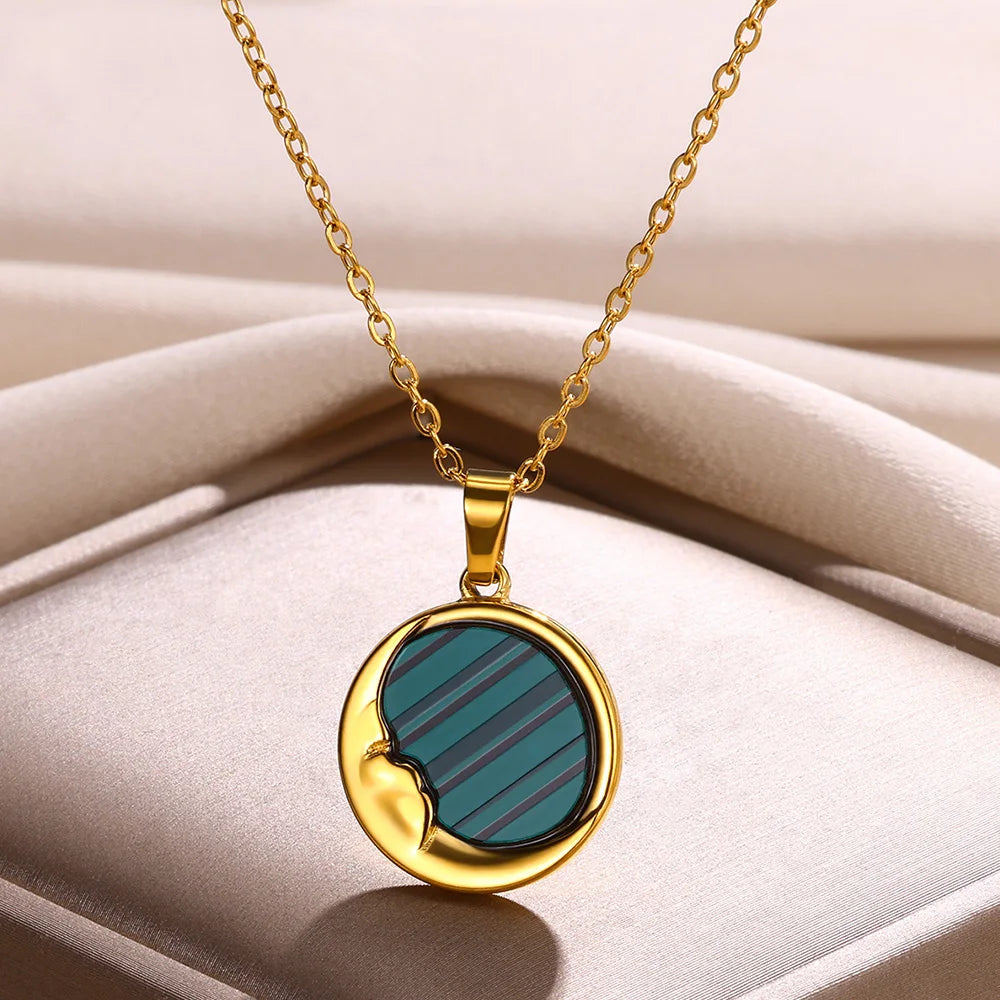 Stainless Steel Luck Clover Pendant Necklaces For Women Gold Color Chain Accessories Moon Round Necklace Square Cross Jewelry