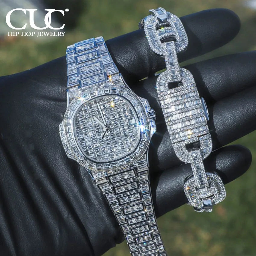 CUC Iced Out Baguette Quartz Watch Bracelet Set 18MM Miami Cuban Chain Men's Hip Hop Jewelry Set