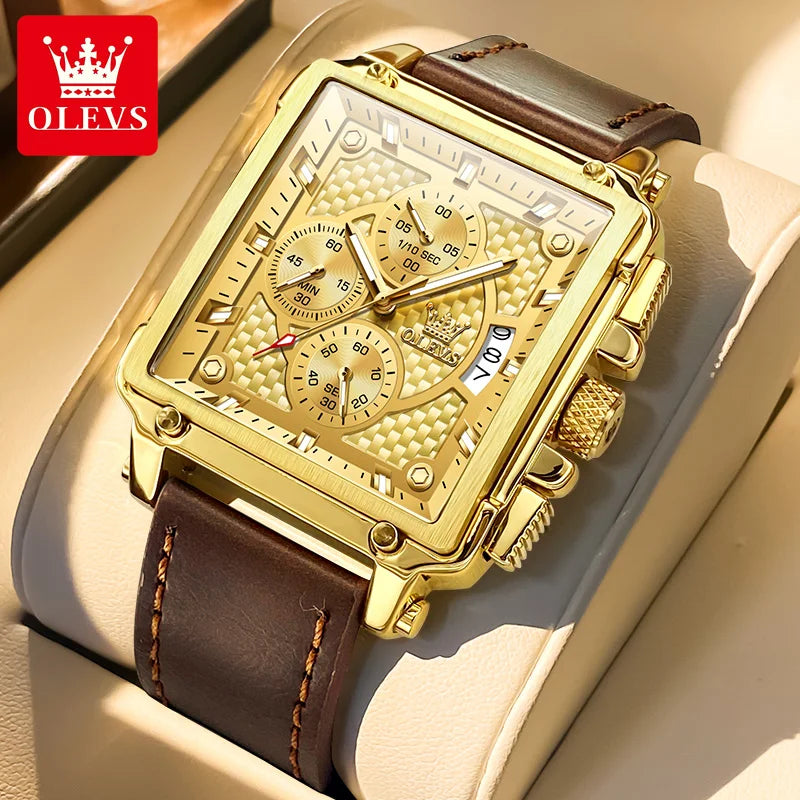 OLEVS Brand 9925 Men's Watches Gold Square Dial Quartz Male Watch Original Leather Strap Fashion Watch 30m Waterproof Top Ten - Uknowucme