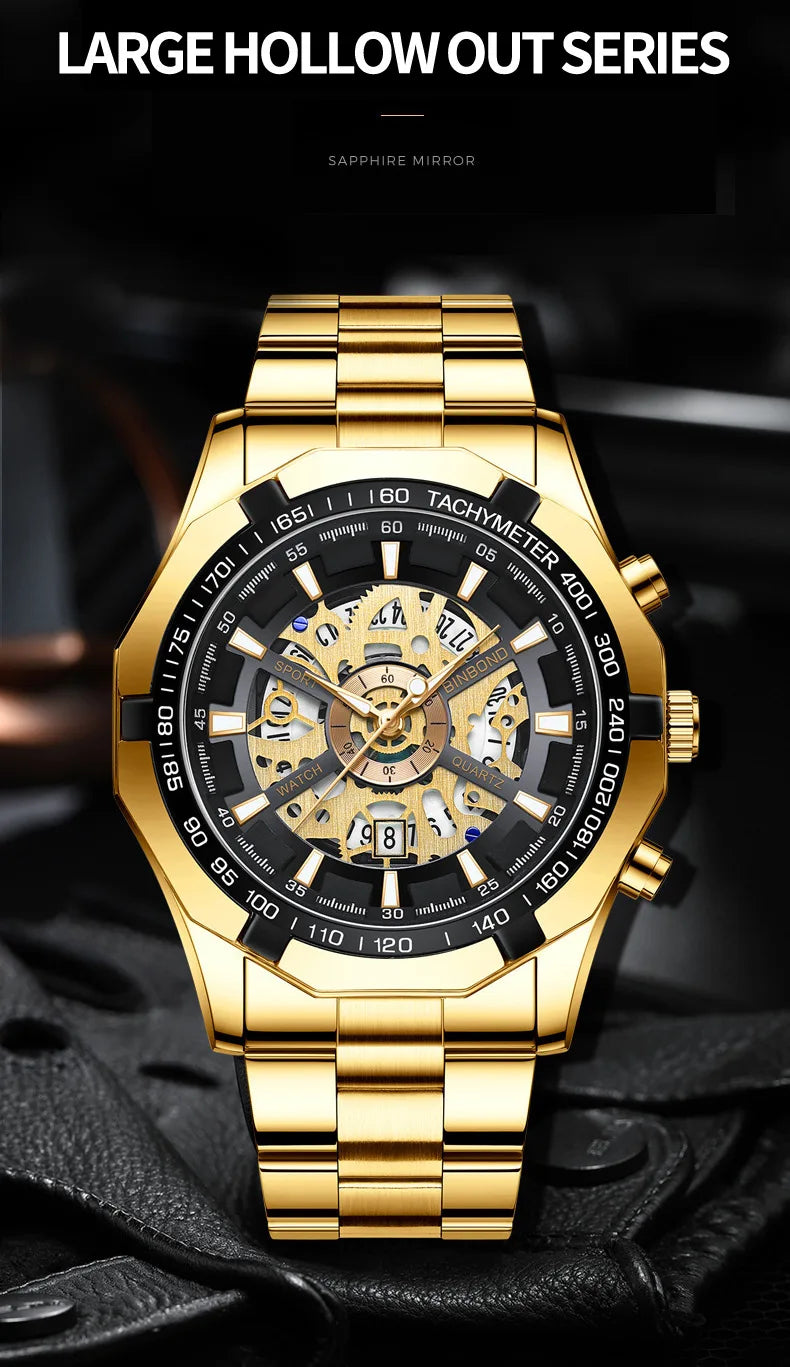 2025 Mens Quartz Watches Top Brand Luxury Stainless Steel Waterproof Hollow Out Blue Big Male Wristwatches Relogio Masculino - Uknowucme