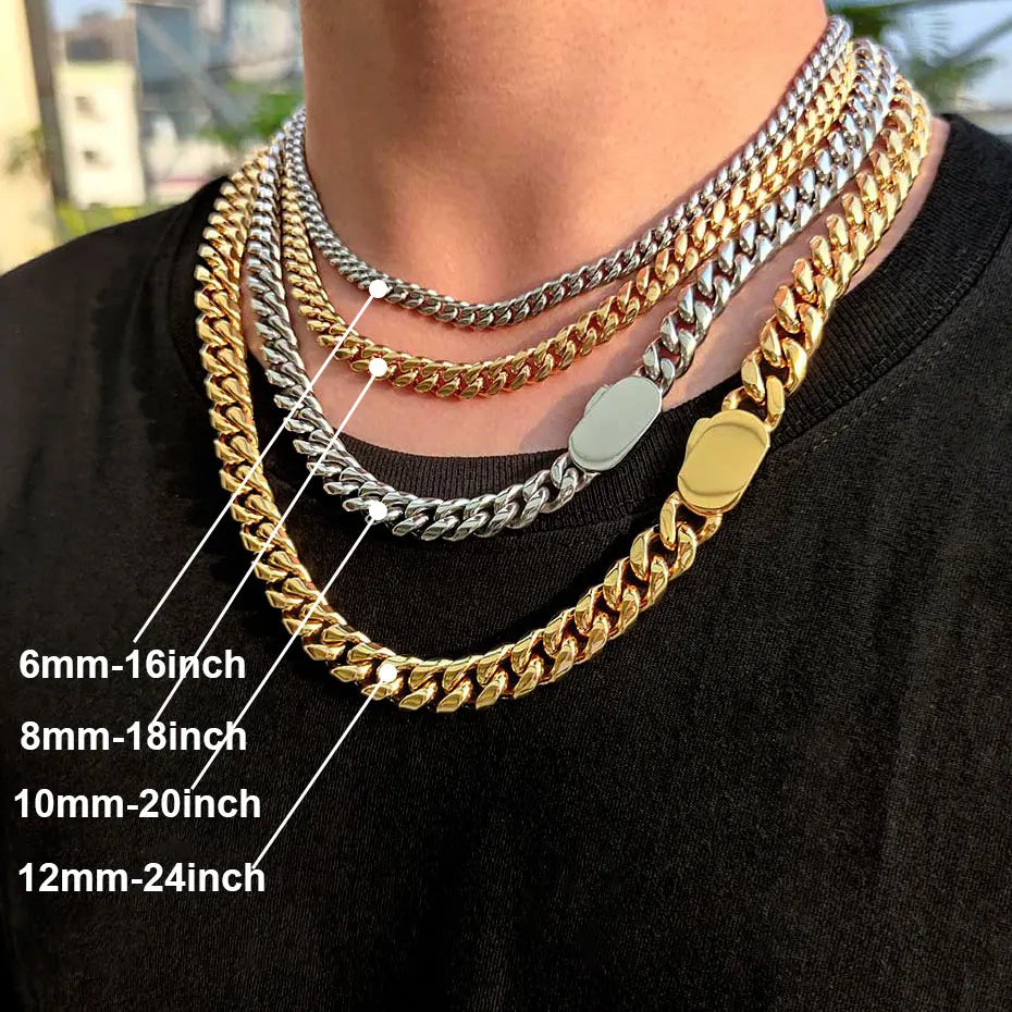 6-12mm Width New Style Stainless Steel Cuban Chain Gold/Silver Color Fashion Hip Hop Men and Women Necklace Jewelry