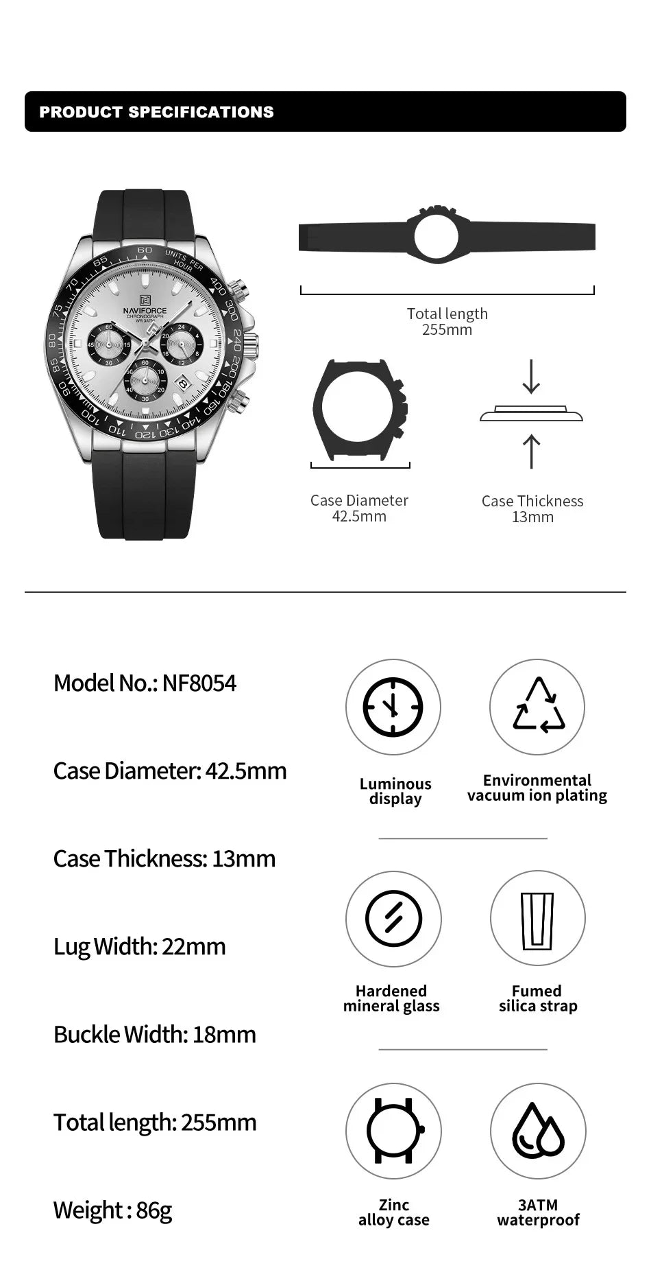 NAVIFORCE NF8054 Original Watches For Men Silicone Band Casual Sport Chronograph Luminous Wristwatch Relogio Masculino Male Gift - Uknowucme