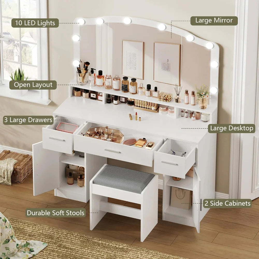 Vanity with Mirror and Light, Dressing Table Set with 3 Drawers, 2 Cabinets and 10 LED Bulbs Dresser