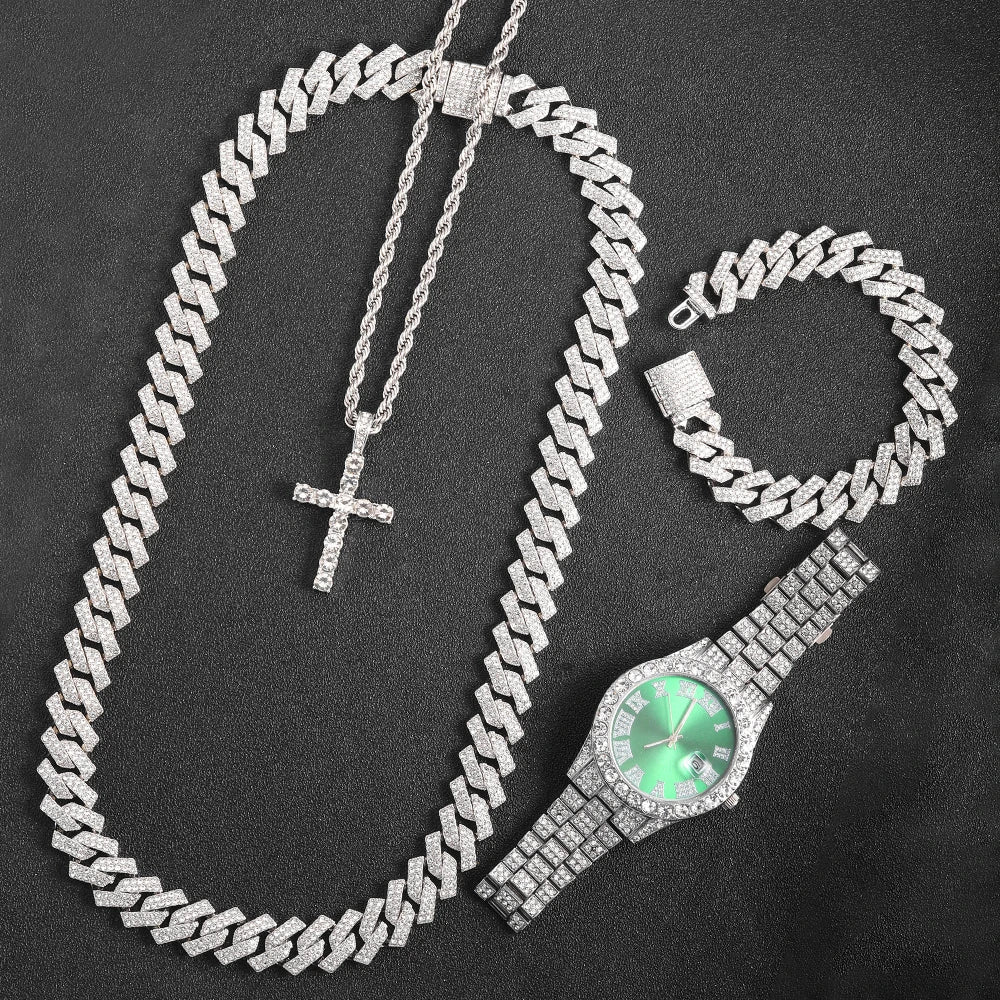 16mm Hip Hop Miami Cuban Link Chain Set Necklace +Watch+Bracelet Creative Iced Out Shiny Trendy Stylish Jewelry For Women Men - Uknowucme