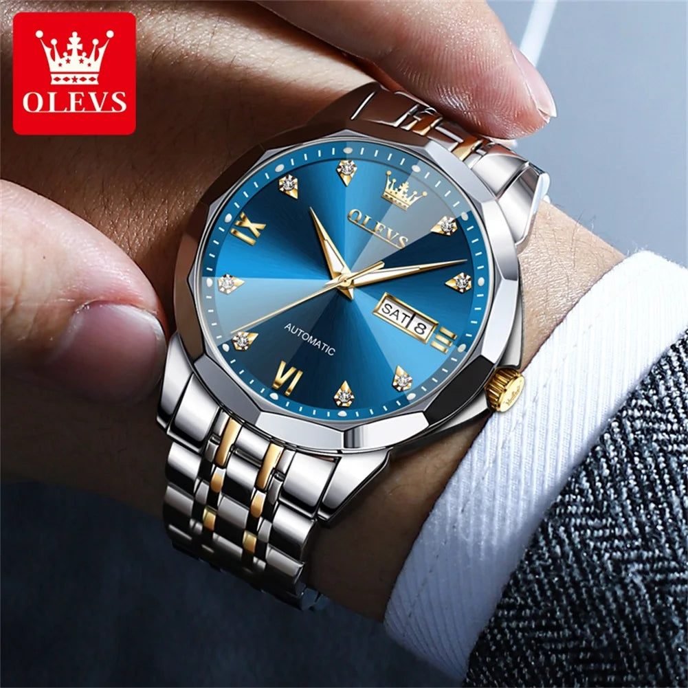 OLEVS 9982 Men's Watches Rhombus Mirror Original Automatic Mechanical Watch for Man Waterproof Stainless Steel Wristwatch Male