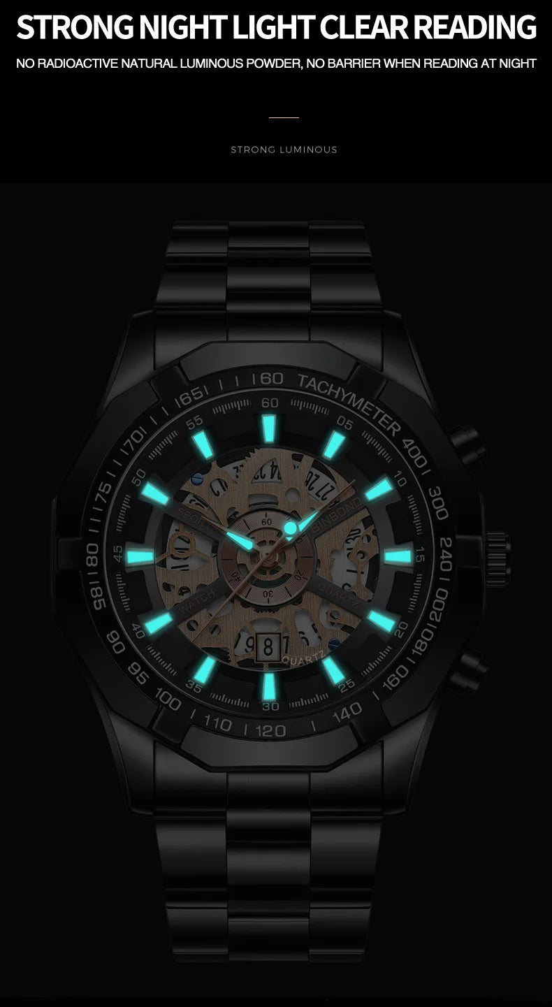 2025 Mens Quartz Watches Top Brand Luxury Stainless Steel Waterproof Hollow Out Blue Big Male Wristwatches Relogio Masculino - Uknowucme