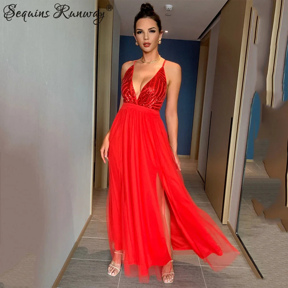 Sexy backless slip Sequin corset maxi summer dress women mesh long bodycon red Christmas party dress bridesmaid evening dresses - Uknowucme