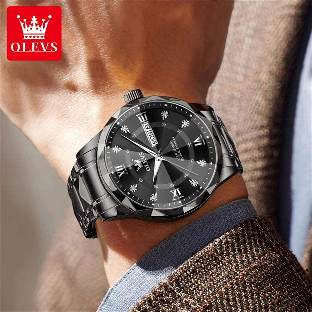 OLEVS 5609 Men's Watches Rhombus Design Black Stainless steel Calendar Week Waterproof Luminous Original Quartz Watches for Men