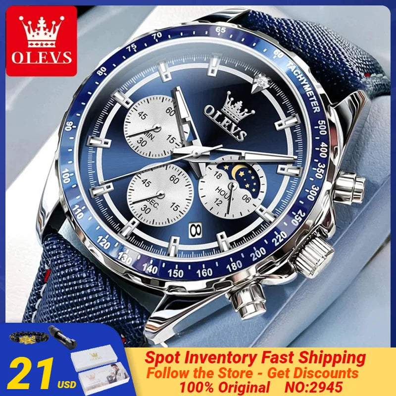 OLEVS 2945 Men's Watches Multifunctional Small Dial Design Leather Strap Waterproof High Quality Quartz Male Wristwatches NEW