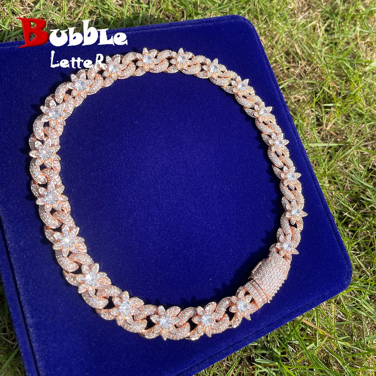 Bubble Letter Iced Out Flower Necklace Cuban Link Chain for Women Prong Setting Cubic Zirconia Hip Hop Jewelry - Uknowucme