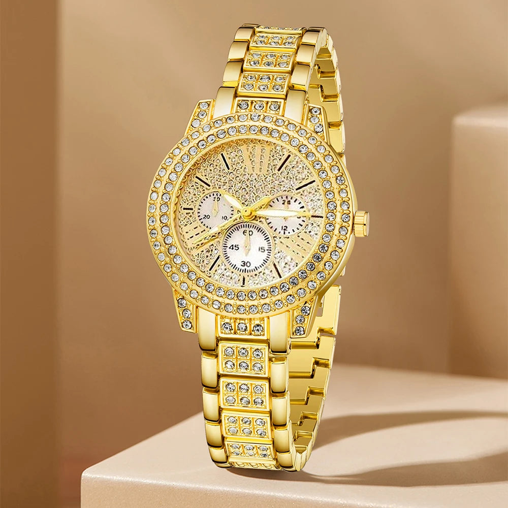 Women's Quartz Watch Gold Luxury Women Ring Necklace Earring Rhinestone Fashion Wristwatch Casual Ladies Watches Jewelry Set ﻿ - Uknowucme