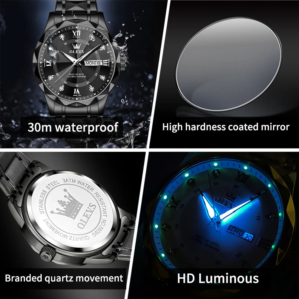 OLEVS 5609 Men's Watches Rhombus Design Black Stainless steel Calendar Week Waterproof Luminous Original Quartz Watches for Men