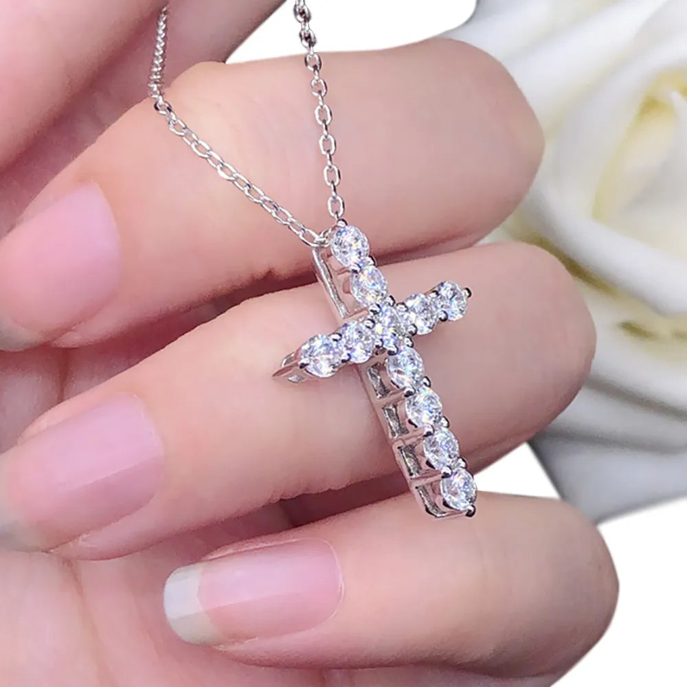Serenity Day 3.0mm 4mm Moissanite Necklace 925 Sterling Silver Cross Pendants Necklace for Women Engagement Bridal Fine Jewelry - Uknowucme