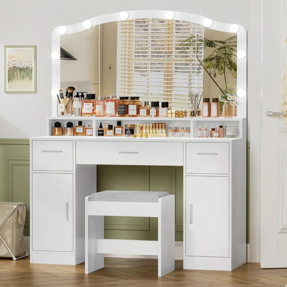 Vanity with Mirror and Light, Dressing Table Set with 3 Drawers, 2 Cabinets and 10 LED Bulbs Dresser