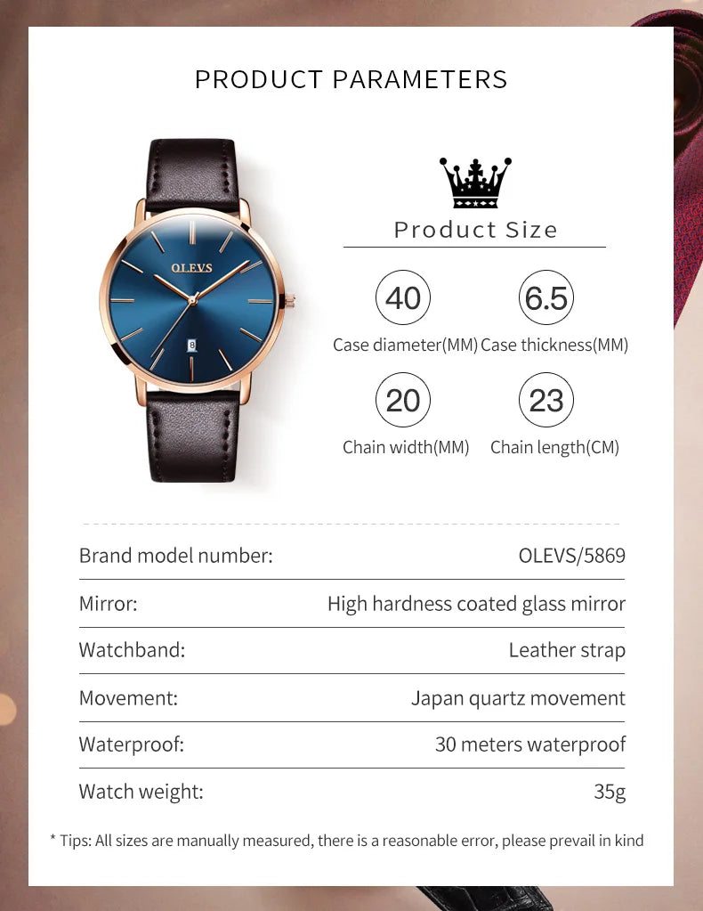 New In OLEVS Quartz Watch for Men Ultra Thin 6.5mm Minimalist Waterproof Date Bussiness Watch Fashion Leather Strap Men's Watch - Uknowucme