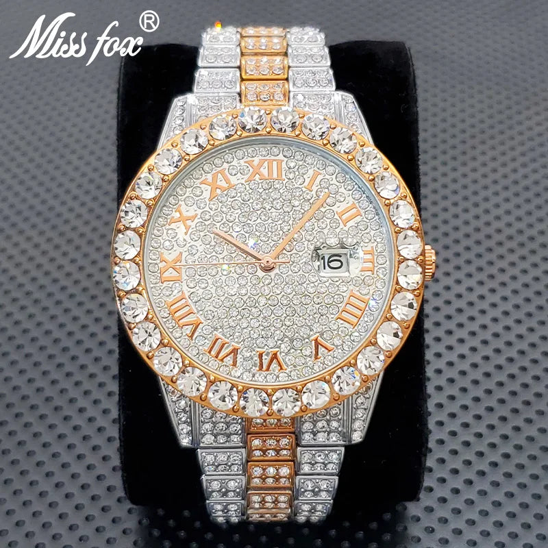 Stylish Black Crytal Watch For Men Unique Full Paved Diamond Quartz Timepiece Top Brand Fashion Bling Ice Out Male Hip Hop Clock