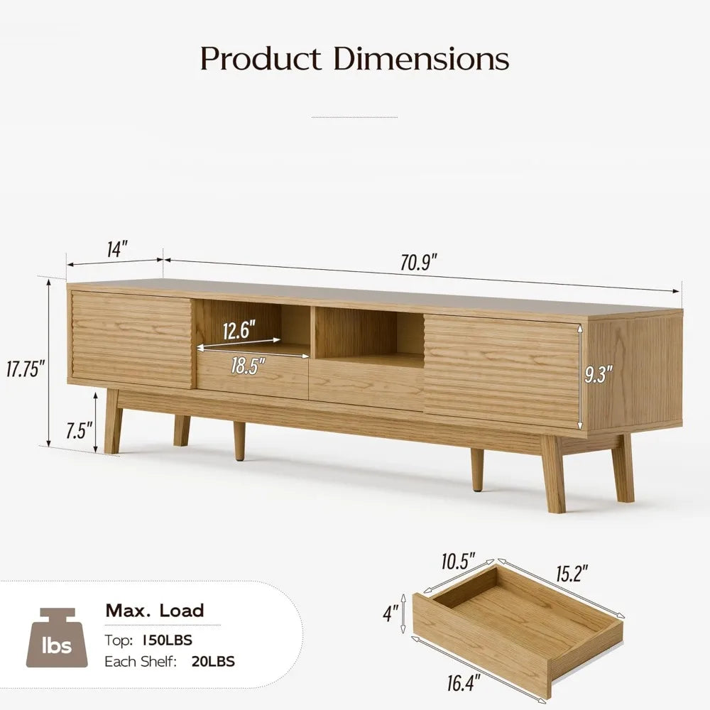 70" TV Console, Mid Century Modern Media Console for 55/65/75 Inch TV, Low Profile TV Stand with Fluted Sliding Doors, Boho Ligh